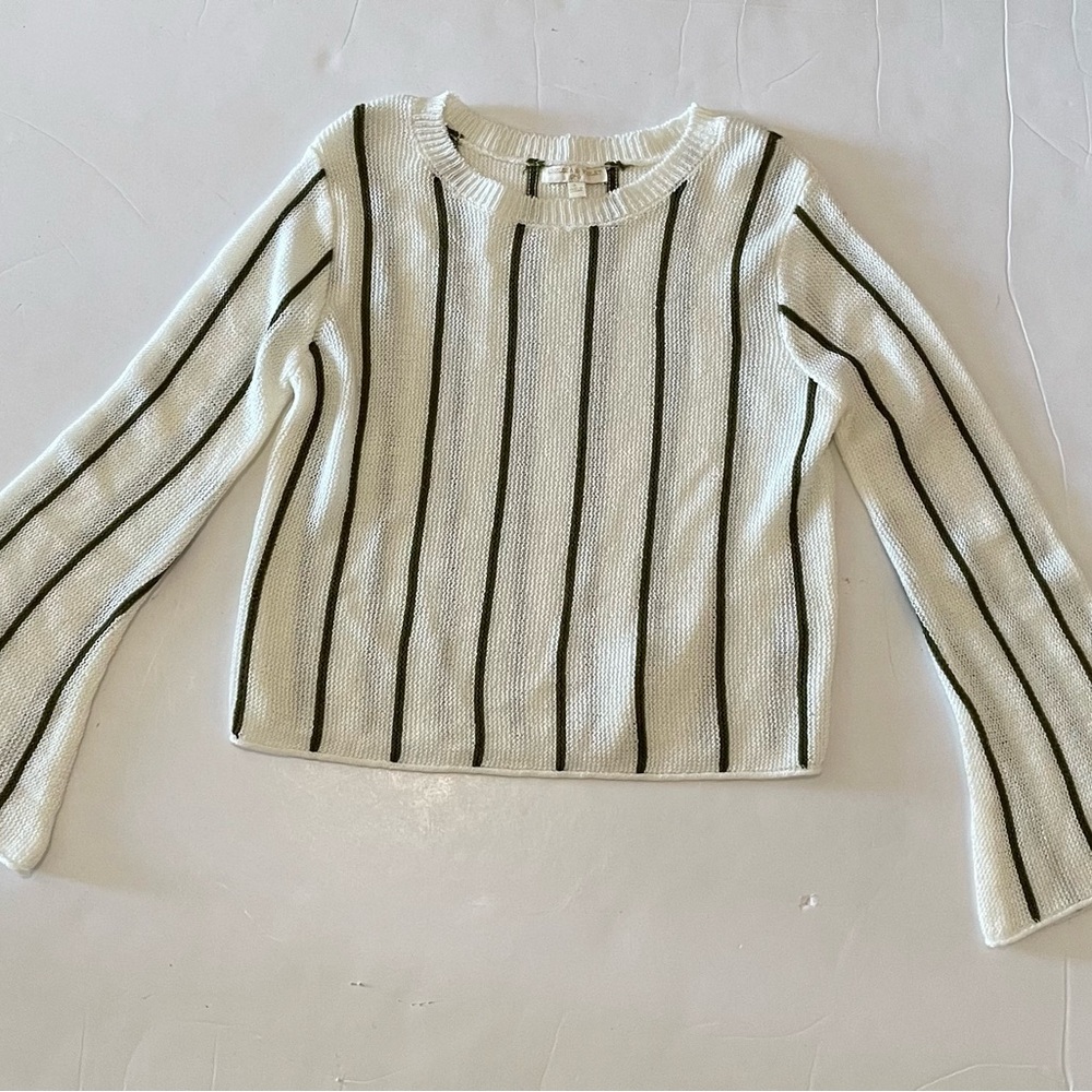 Striped Beige Knit Wide Bell Sleeve Cropped Kids Sweater